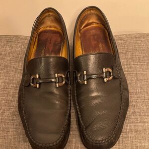 Salvatore Ferragamo Black Leather Loafers with Silver Accents